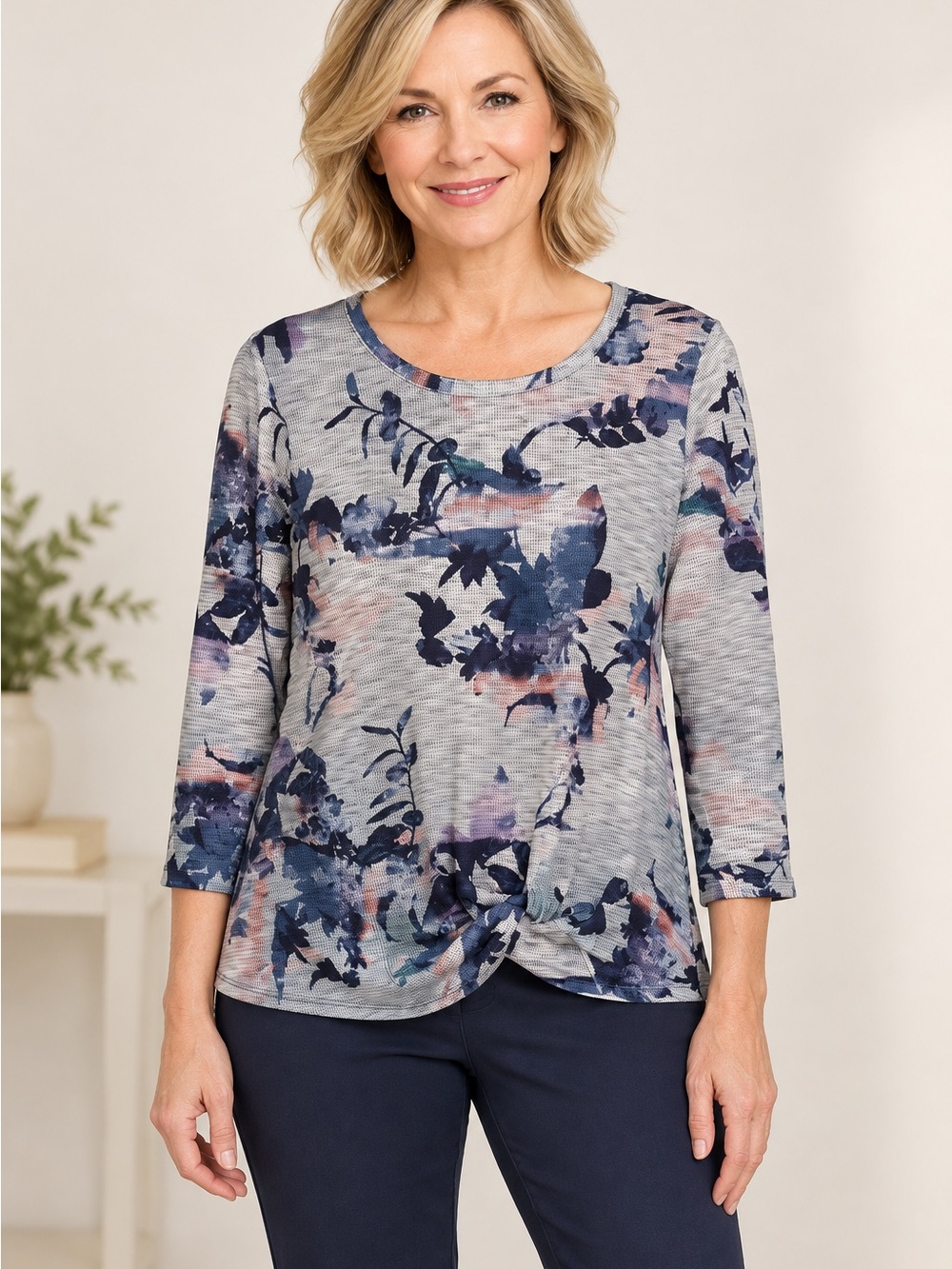Christopher & Banks Petite PL Floral Knit Top Twist Front Stretch